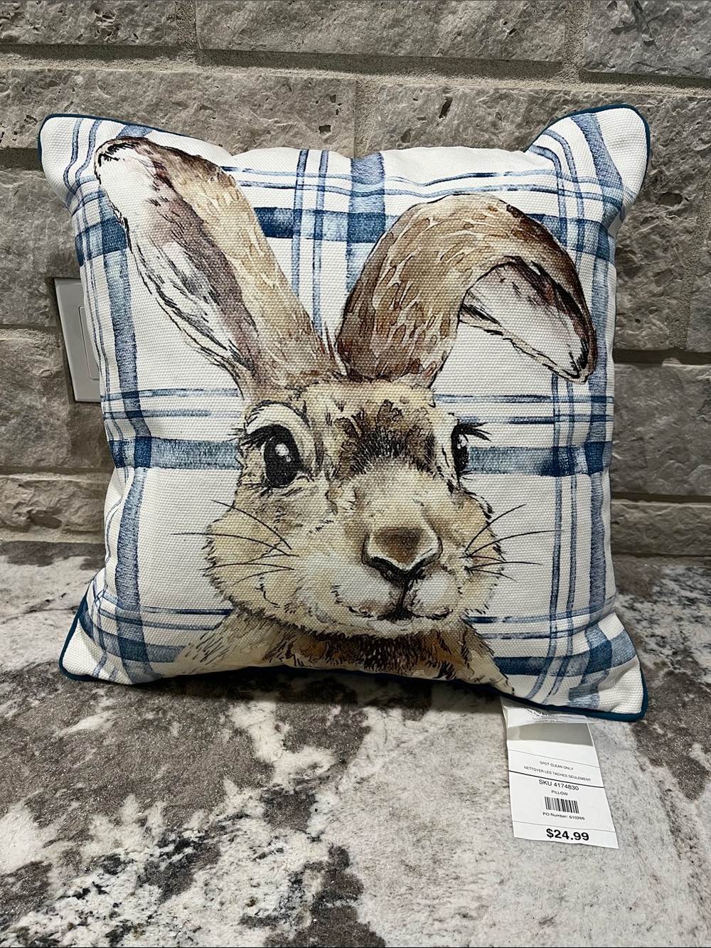 NEW Pier 1 Blue and White Bunny Plaid Holiday Pillow